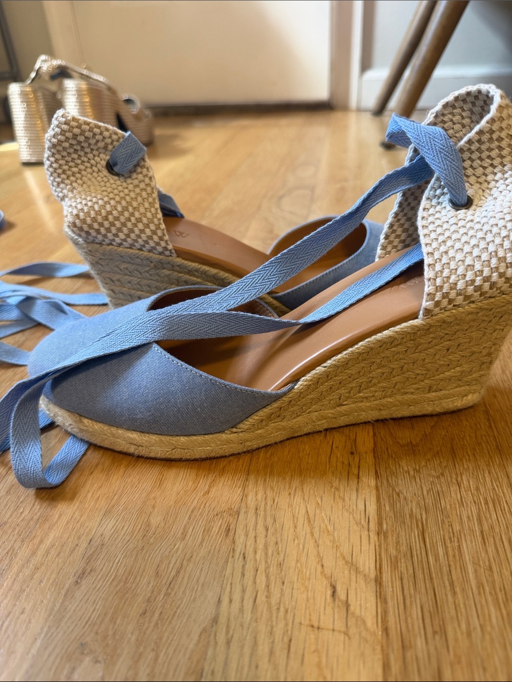 J. Crew Sky Blue Espadrille Wedge Sandals with Ankle Ties